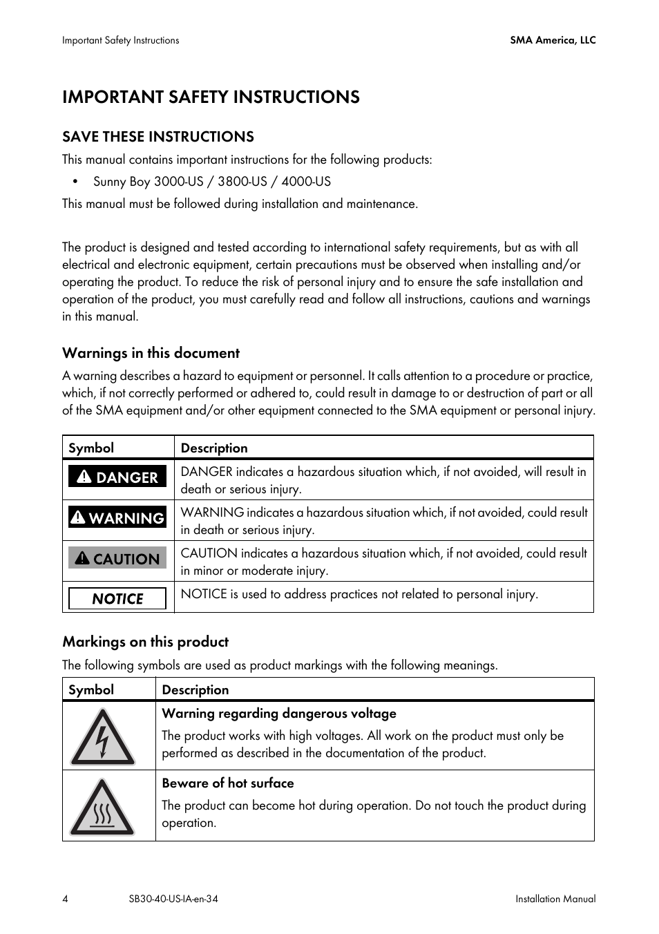 Important safety instructions | SMA SB 3000-US User Manual | Page 4 / 100