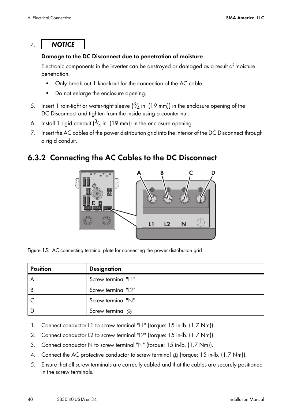 2 connecting the ac cables to the dc disconnect, Connecting the ac cables to the dc disconnect | SMA SB 3000-US User Manual | Page 40 / 100