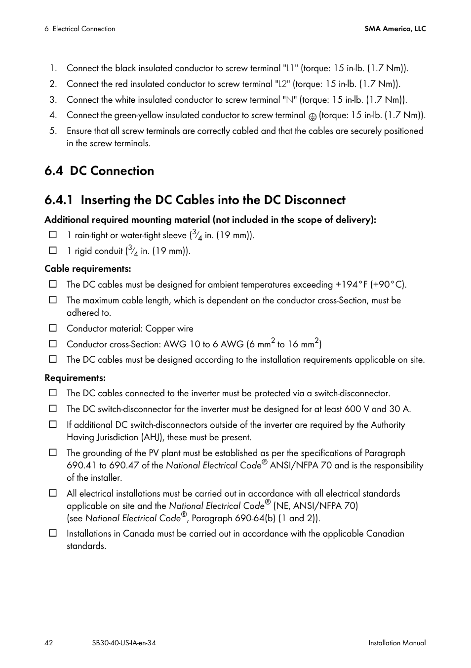 4 dc connection, 1 inserting the dc cables into the dc disconnect, Dc connection | Inserting the dc cables into the dc disconnect | SMA SB 3000-US User Manual | Page 42 / 100