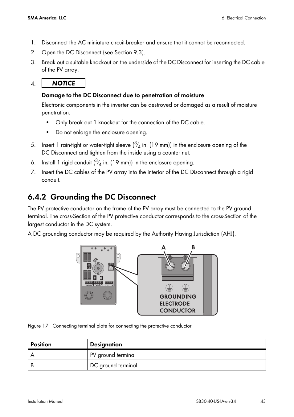 2 grounding the dc disconnect, Grounding the dc disconnect | SMA SB 3000-US User Manual | Page 43 / 100