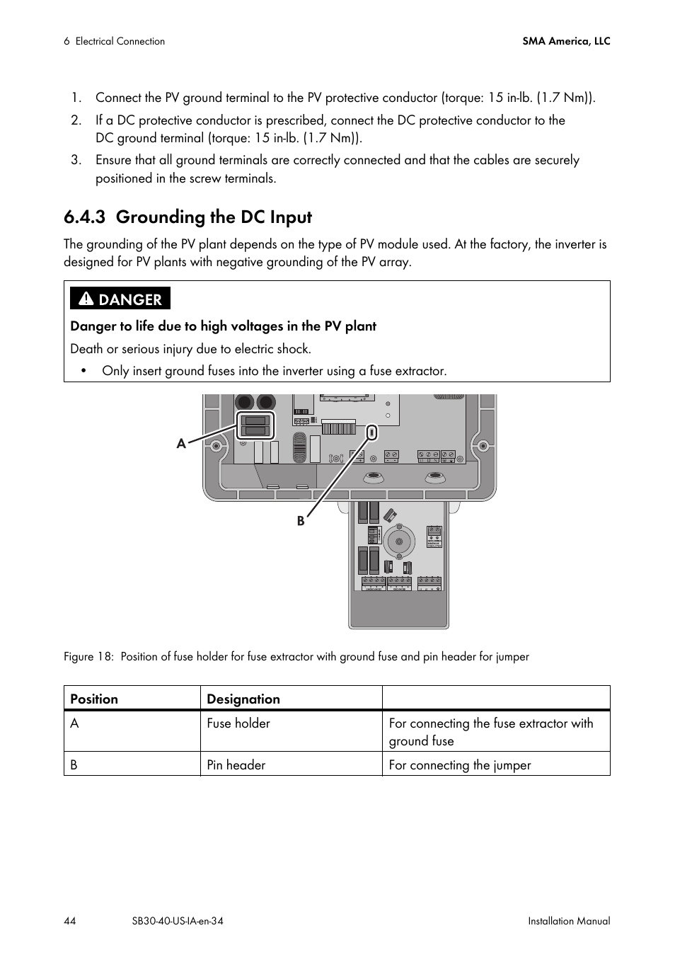 3 grounding the dc input, Grounding the dc input | SMA SB 3000-US User Manual | Page 44 / 100