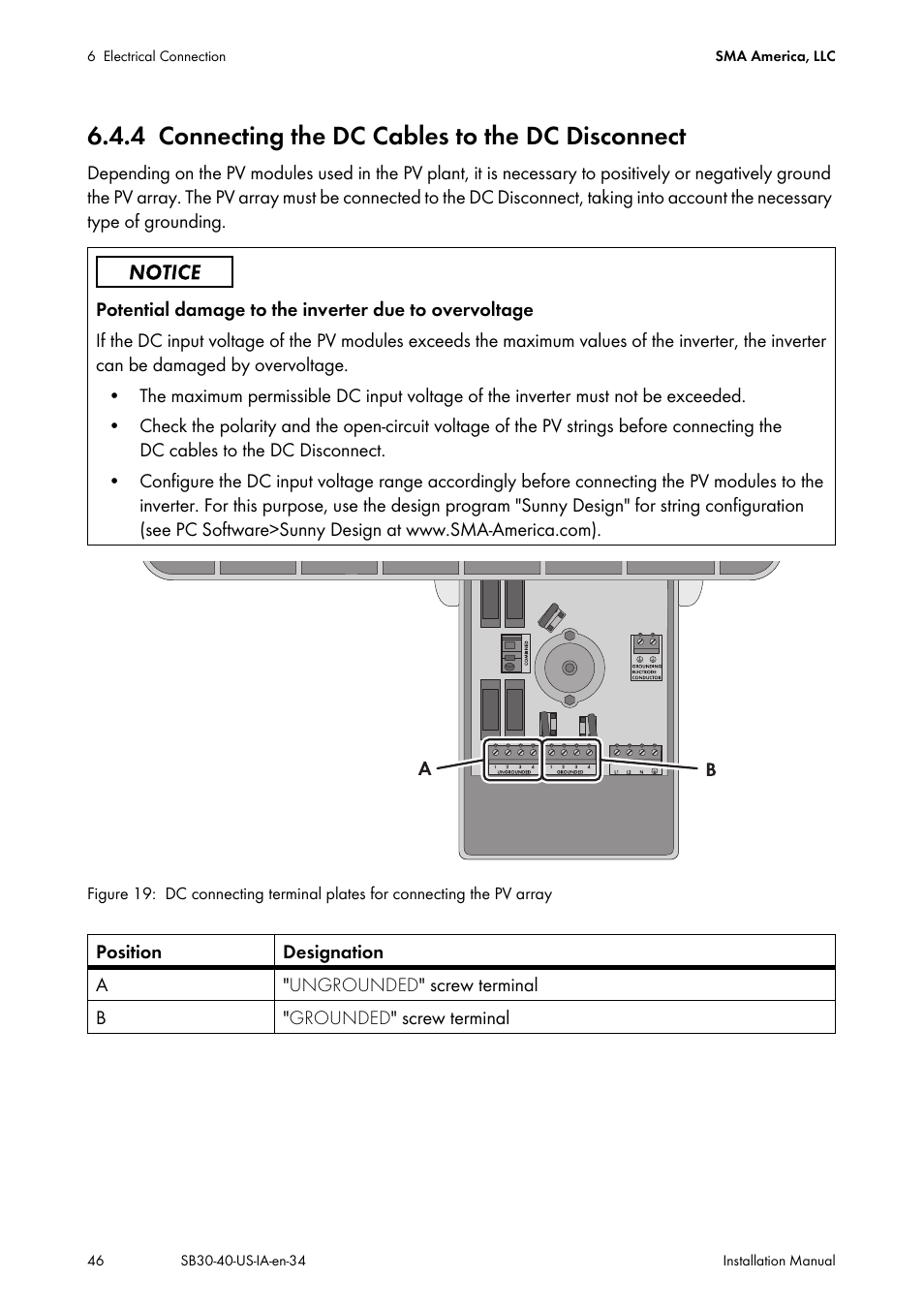 4 connecting the dc cables to the dc disconnect, Connecting the dc cables to the dc disconnect | SMA SB 3000-US User Manual | Page 46 / 100