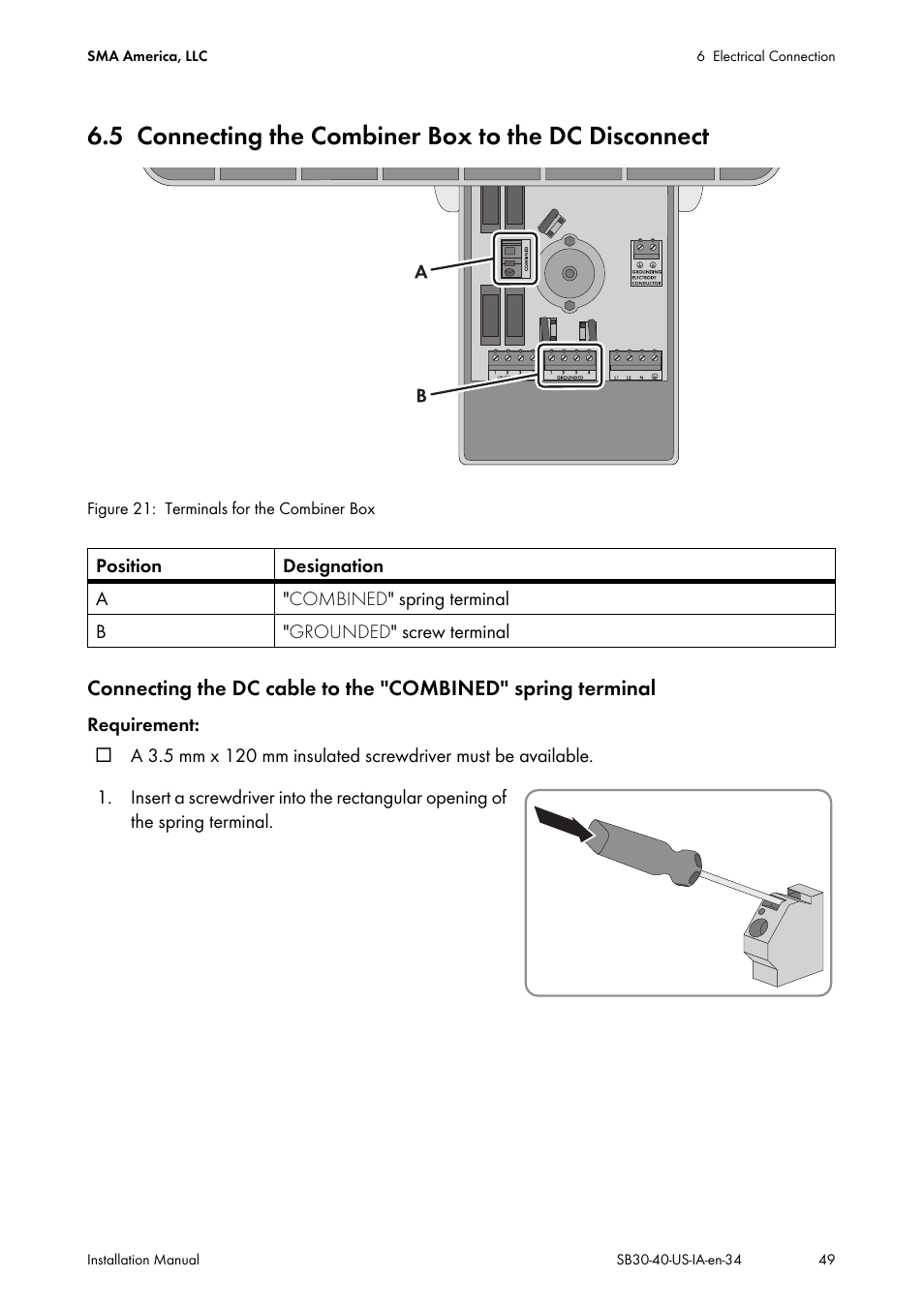 5 connecting the combiner box to the dc disconnect, Connecting the combiner box to the dc disconnect | SMA SB 3000-US User Manual | Page 49 / 100