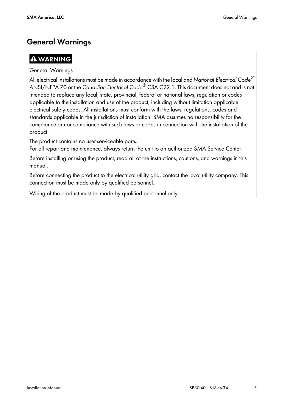 General warnings | SMA SB 3000-US User Manual | Page 5 / 100