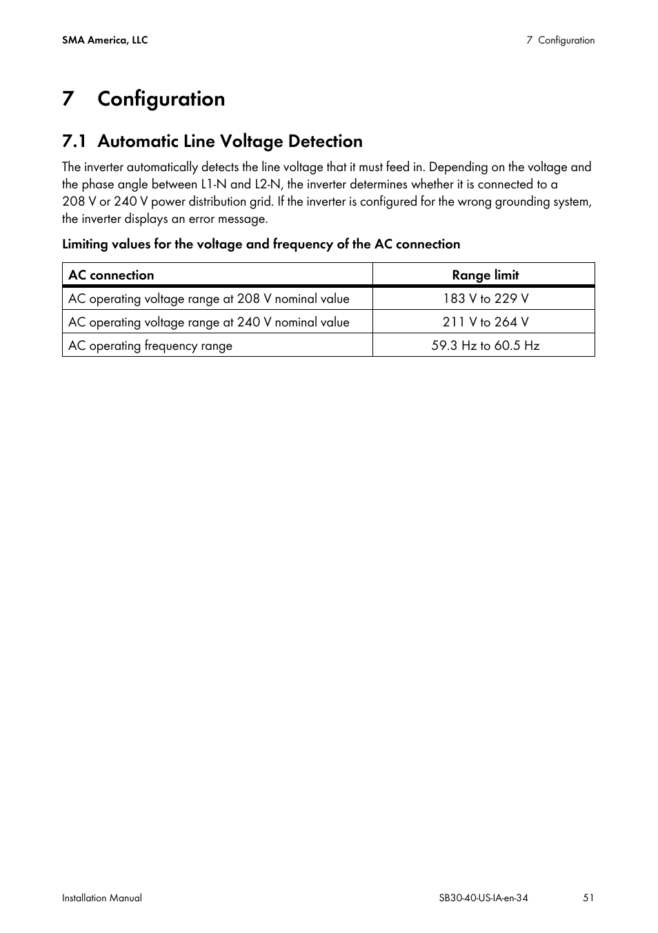 7 configuration, 1 automatic line voltage detection, Configuration | Automatic line voltage detection | SMA SB 3000-US User Manual | Page 51 / 100