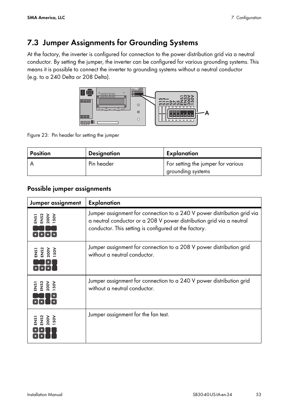 3 jumper assignments for grounding systems, Jumper assignments for grounding systems | SMA SB 3000-US User Manual | Page 53 / 100