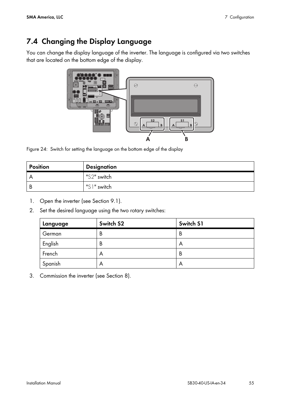 4 changing the display language, Changing the display language | SMA SB 3000-US User Manual | Page 55 / 100