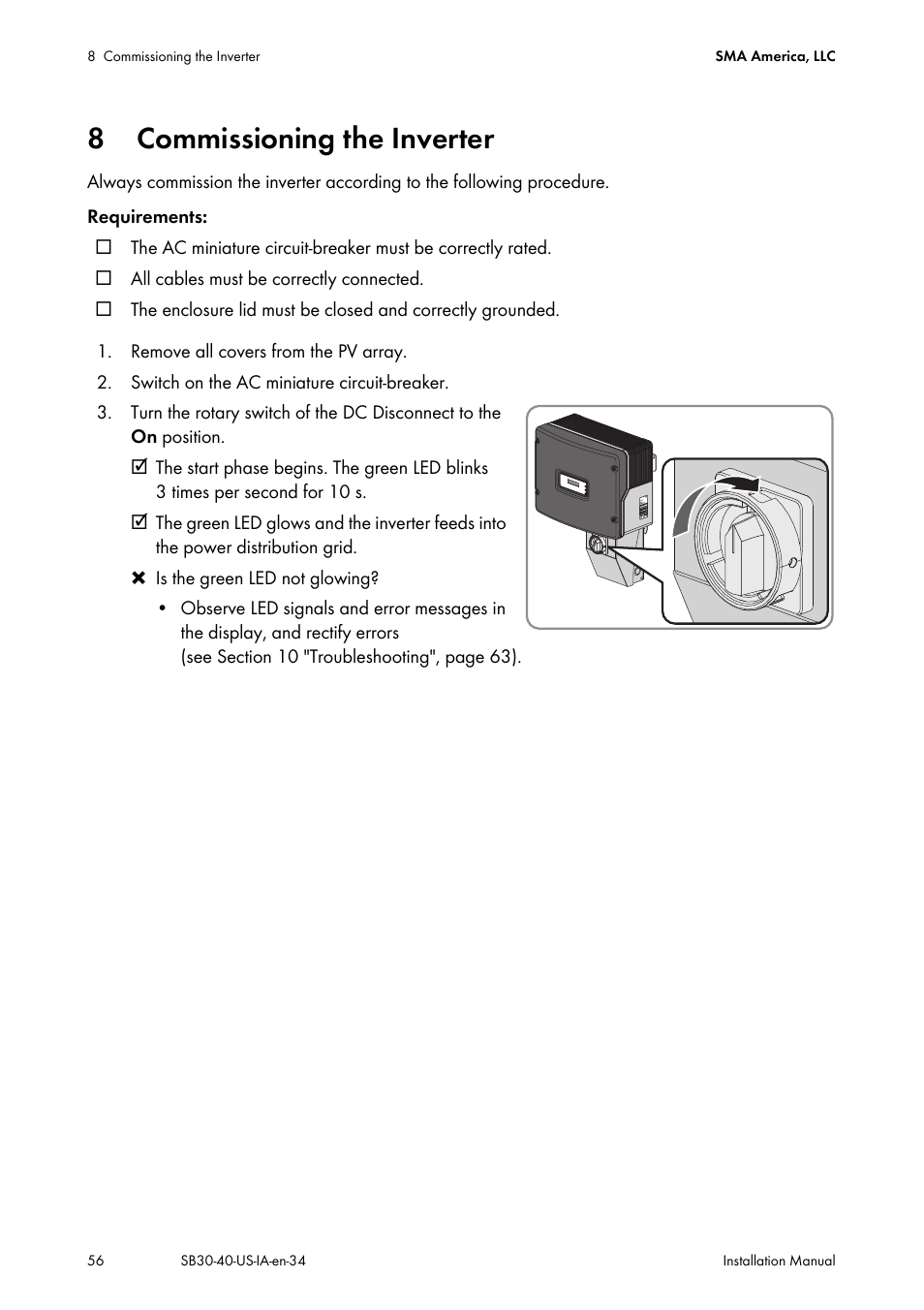 8 commissioning the inverter, Commissioning the inverter | SMA SB 3000-US User Manual | Page 56 / 100