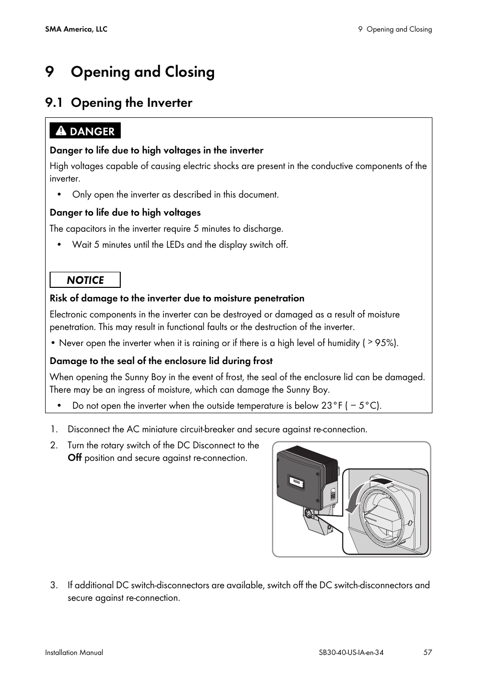 9 opening and closing, 1 opening the inverter, Opening and closing | Opening the inverter | SMA SB 3000-US User Manual | Page 57 / 100