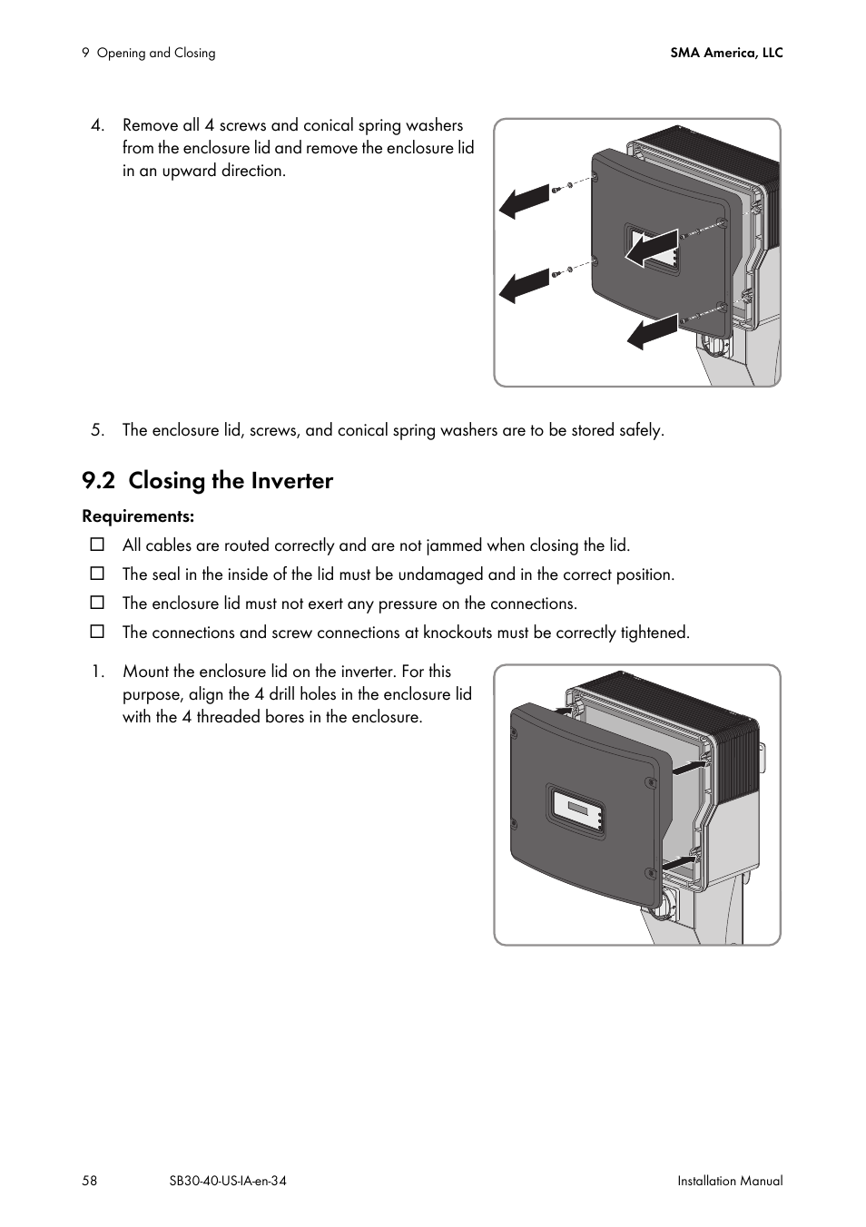 2 closing the inverter, Closing the inverter | SMA SB 3000-US User Manual | Page 58 / 100