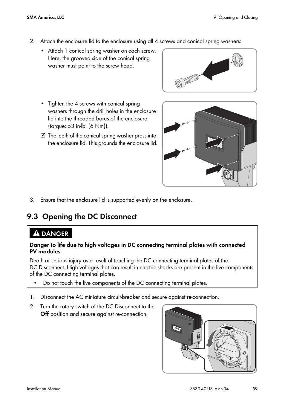 3 opening the dc disconnect, Opening the dc disconnect | SMA SB 3000-US User Manual | Page 59 / 100