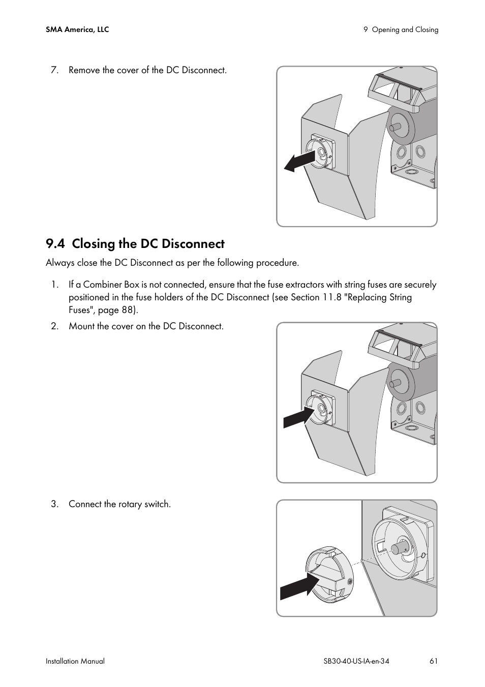 4 closing the dc disconnect, Closing the dc disconnect | SMA SB 3000-US User Manual | Page 61 / 100