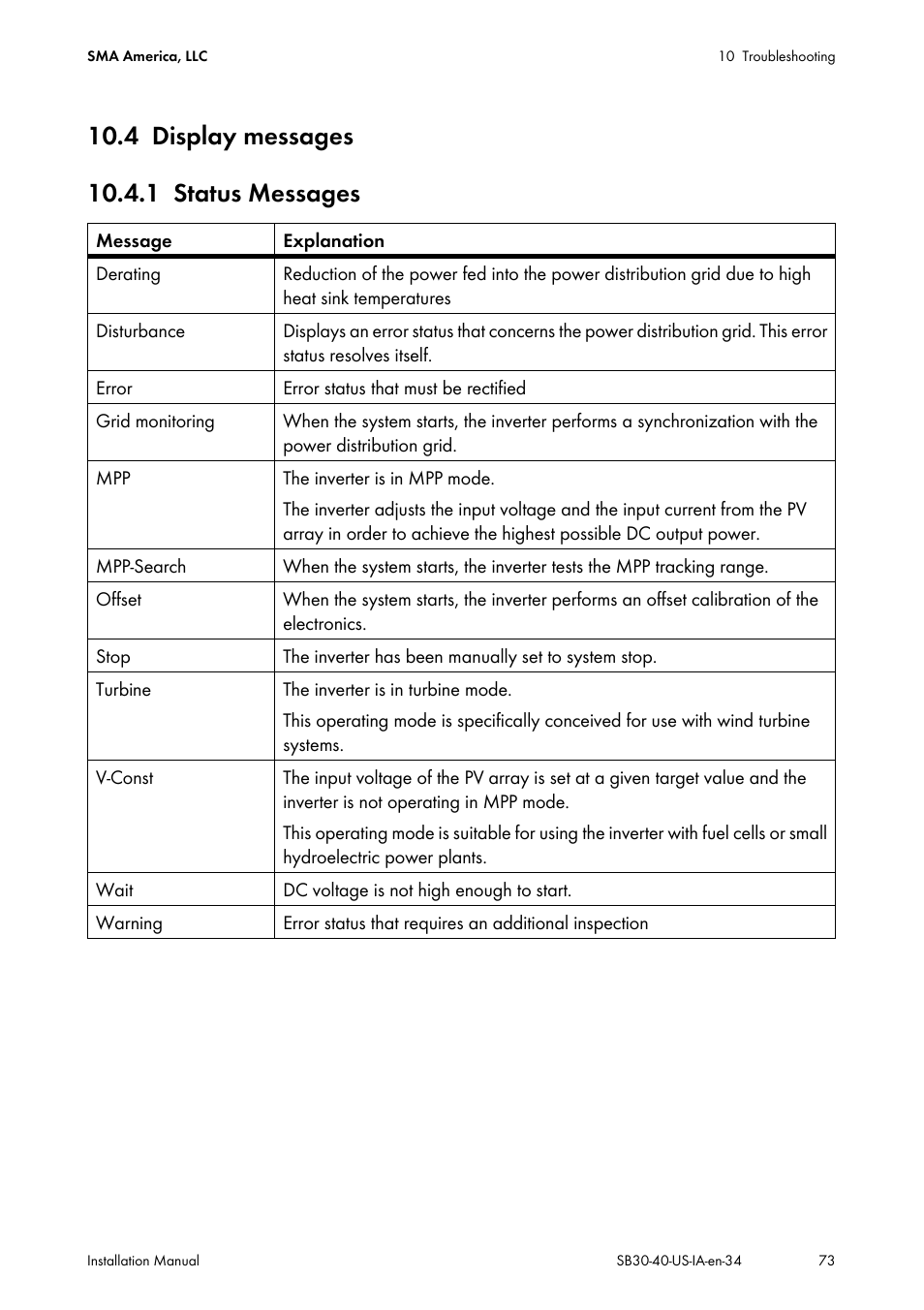 4 display messages, 1 status messages, Display messages | Status messages | SMA SB 3000-US User Manual | Page 73 / 100