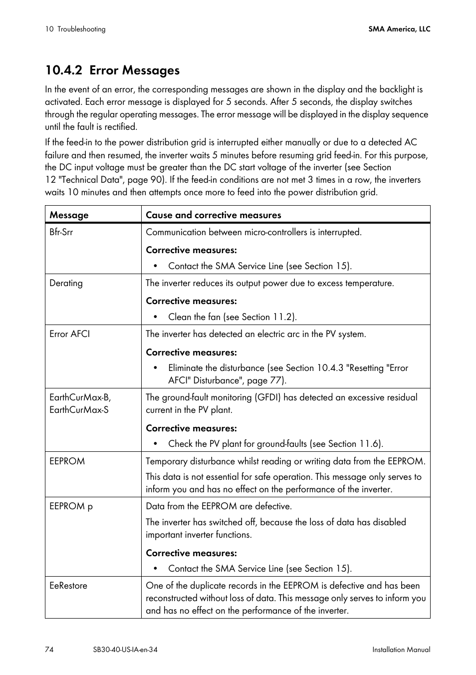 2 error messages, Error messages, Section 10.4.2) | SMA SB 3000-US User Manual | Page 74 / 100