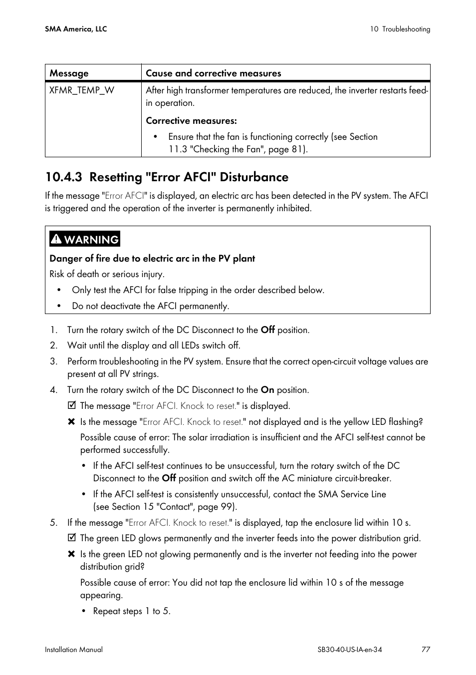 3 resetting "error afci" disturbance, Resetting "error afci" disturbance, Ction 10.4.3 "resetting "error | SMA SB 3000-US User Manual | Page 77 / 100