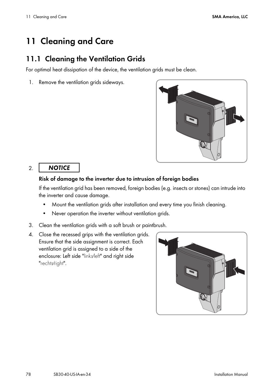 11 cleaning and care, 1 cleaning the ventilation grids, Cleaning and care | Cleaning the ventilation grids | SMA SB 3000-US User Manual | Page 78 / 100