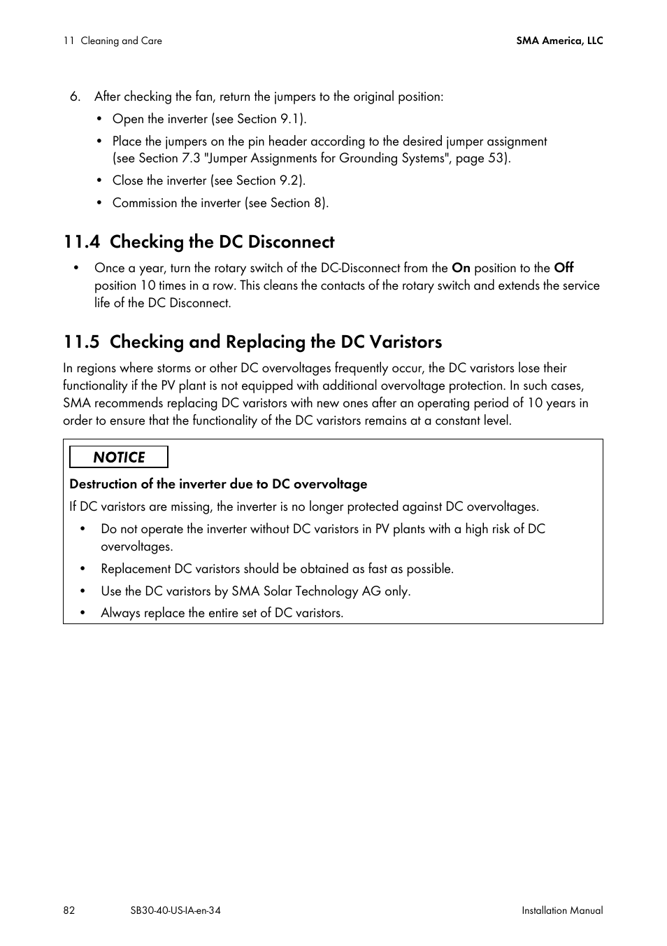 4 checking the dc disconnect, 5 checking and replacing the dc varistors, Checking the dc disconnect | Checking and replacing the dc varistors | SMA SB 3000-US User Manual | Page 82 / 100