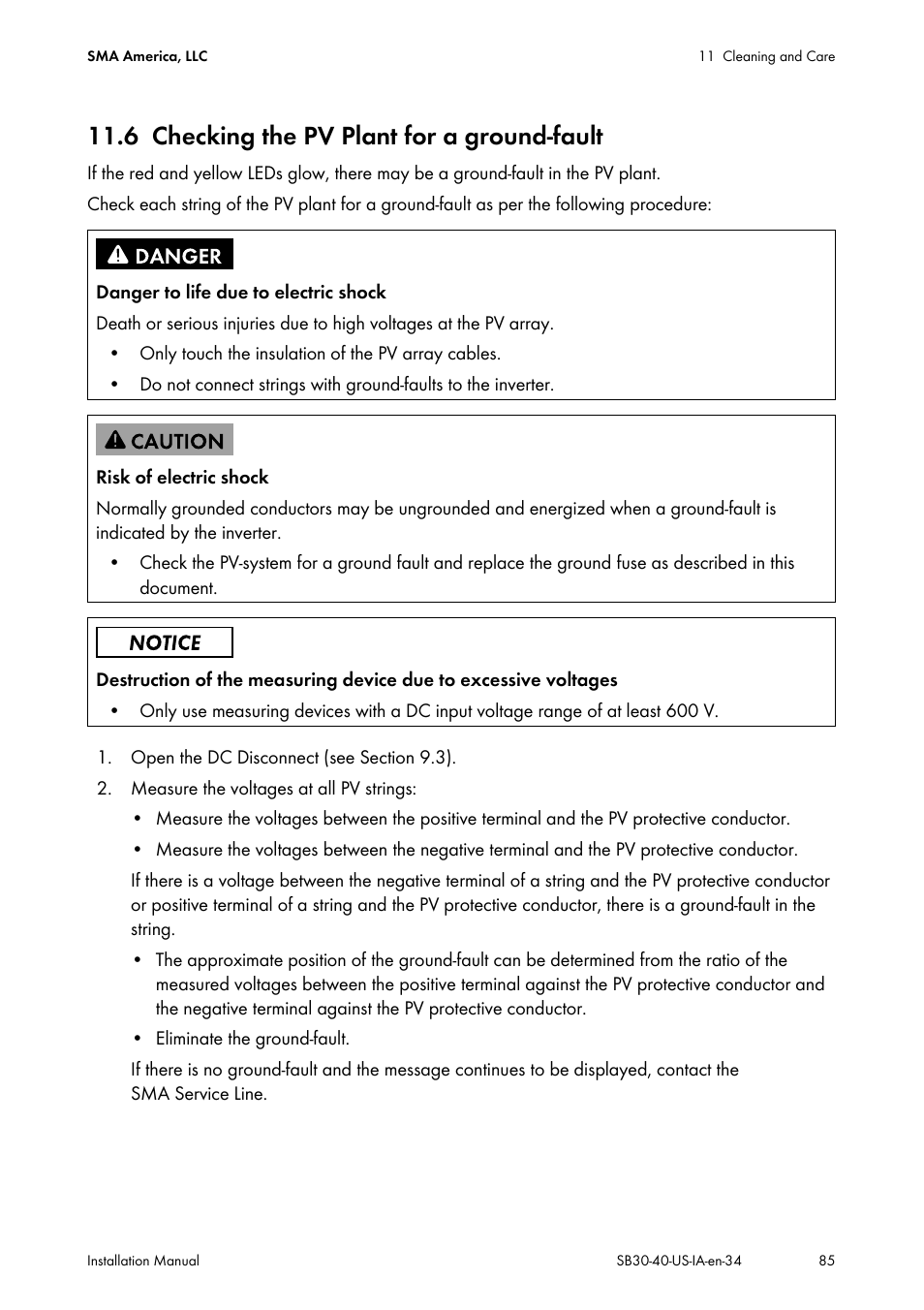 6 checking the pv plant for a ground-fault, Checking the pv plant for a ground-fault, Lts (see section 11.6) | SMA SB 3000-US User Manual | Page 85 / 100