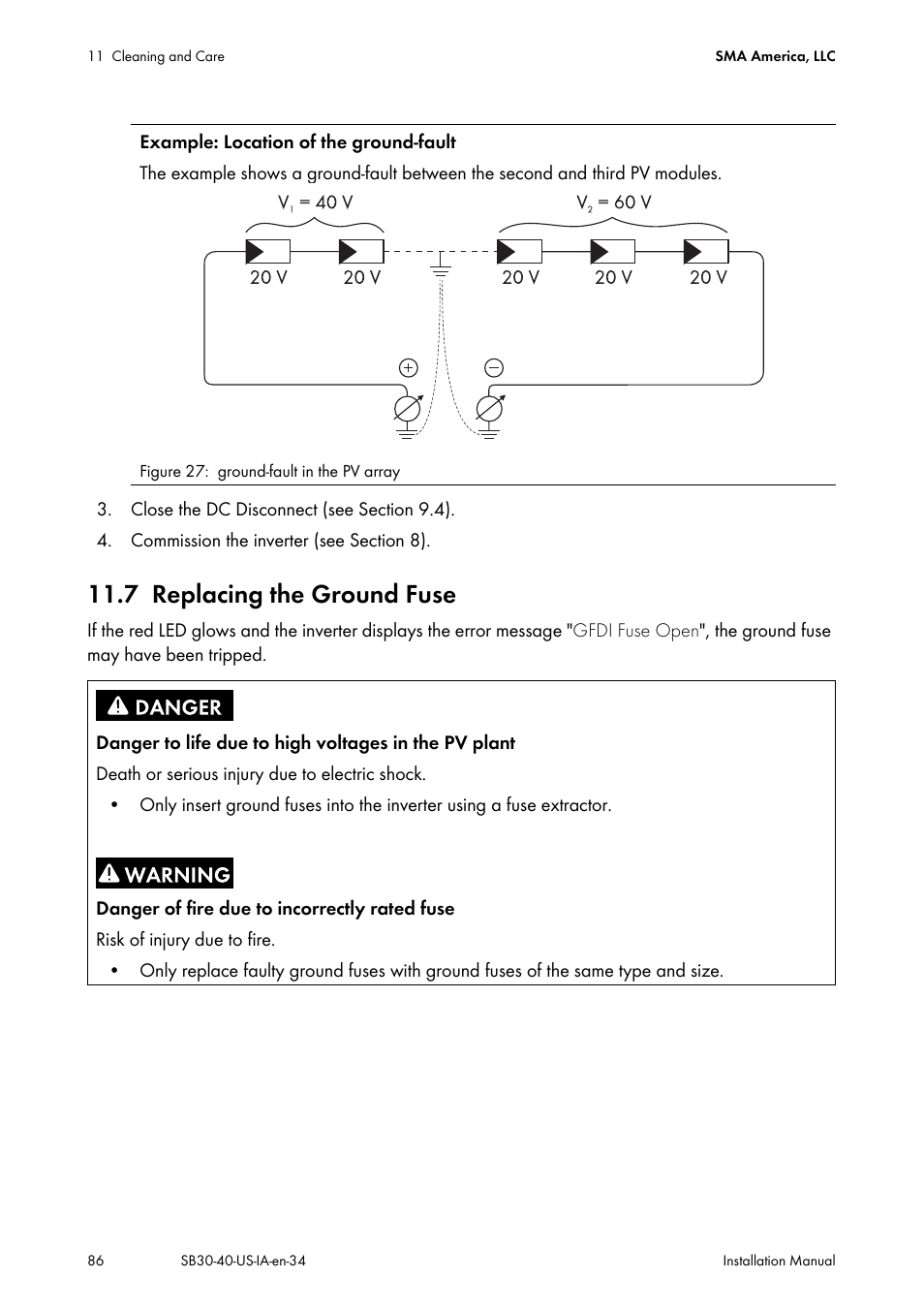 7 replacing the ground fuse, Replacing the ground fuse, Ion 11.7) | SMA SB 3000-US User Manual | Page 86 / 100