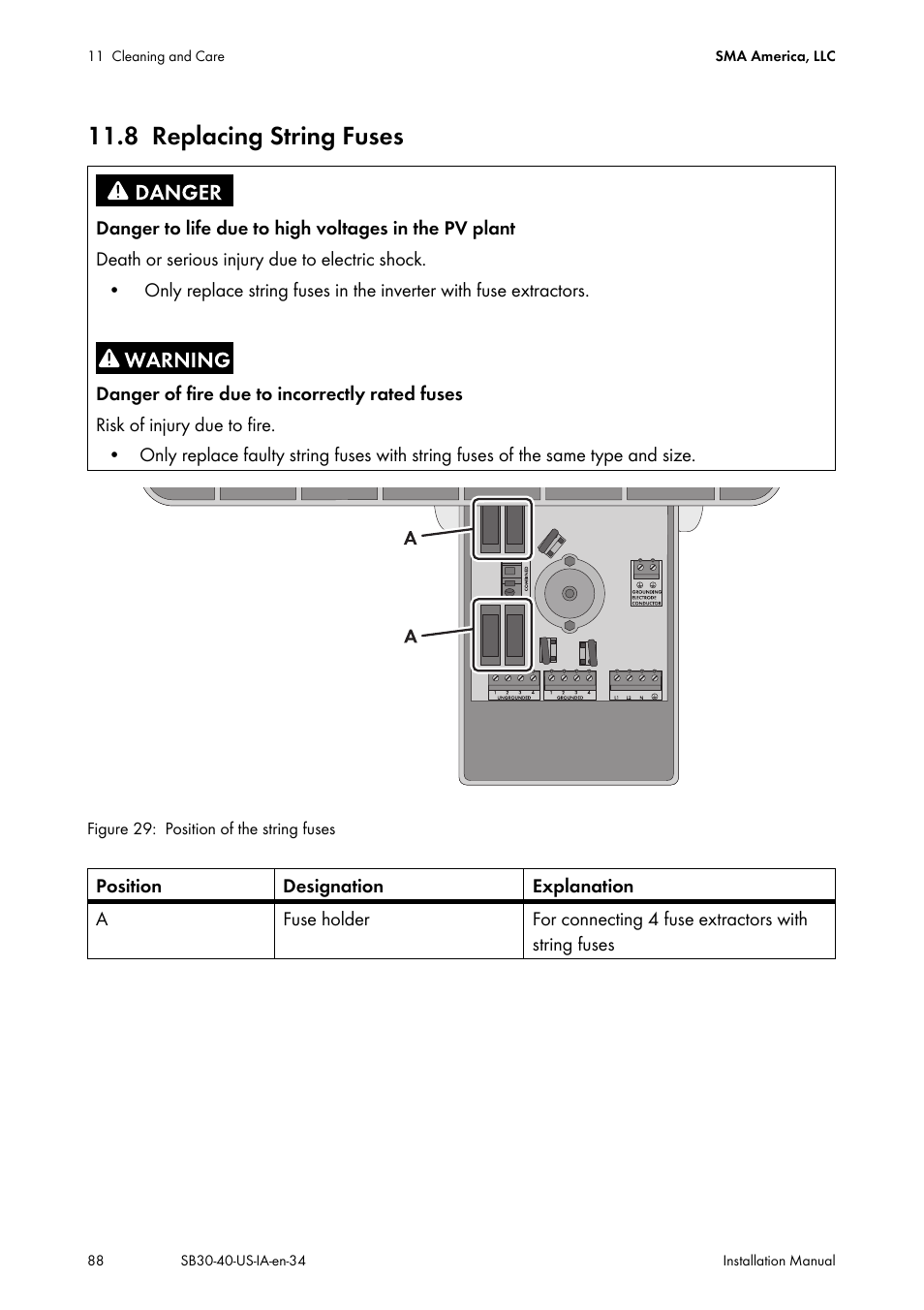 8 replacing string fuses, Replacing string fuses | SMA SB 3000-US User Manual | Page 88 / 100