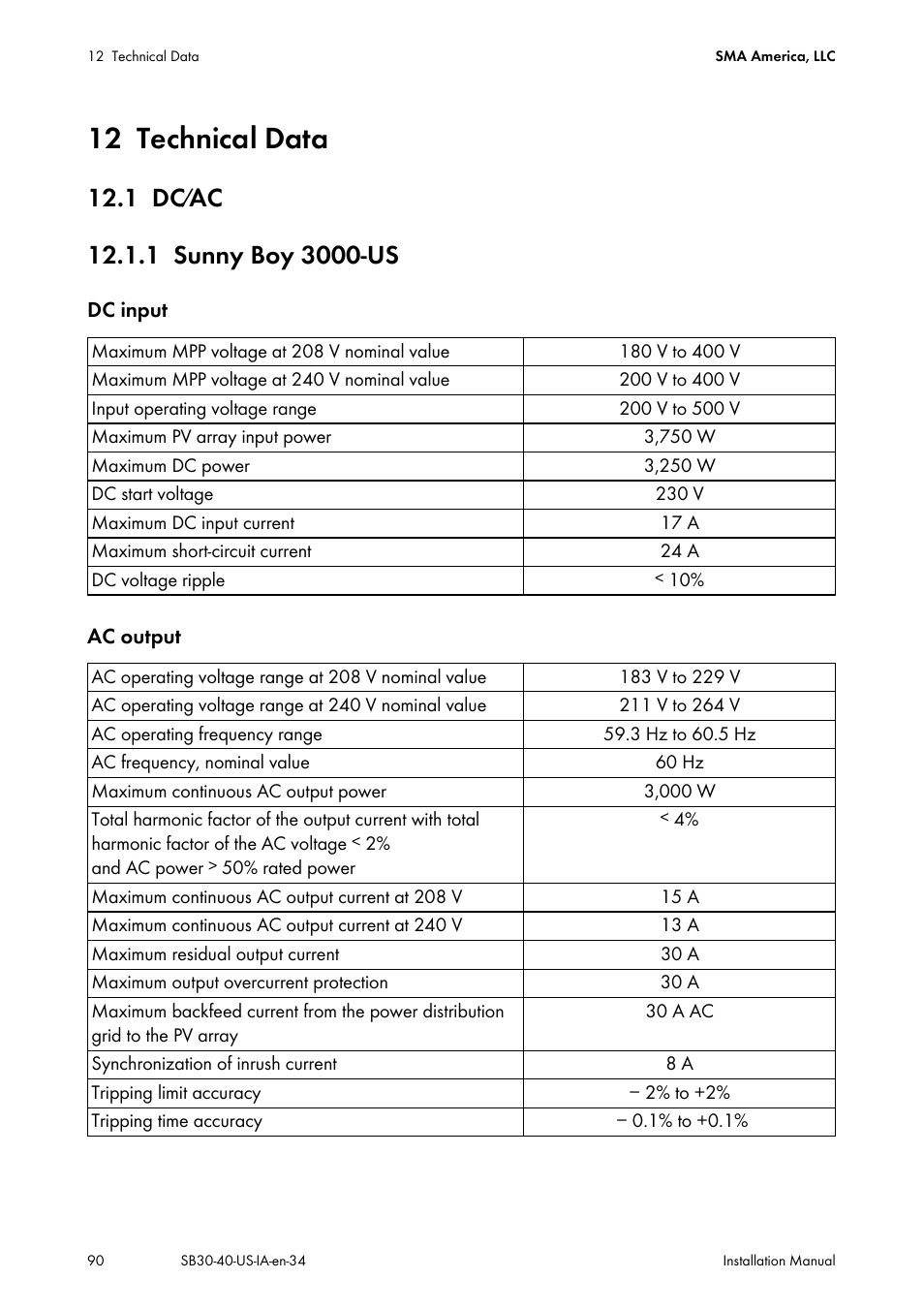 12 technical data, 1 dc⁄ac, 1 sunny boy 3000-us | Technical data, Dc⁄ac, Sunny boy 3000-us | SMA SB 3000-US User Manual | Page 90 / 100