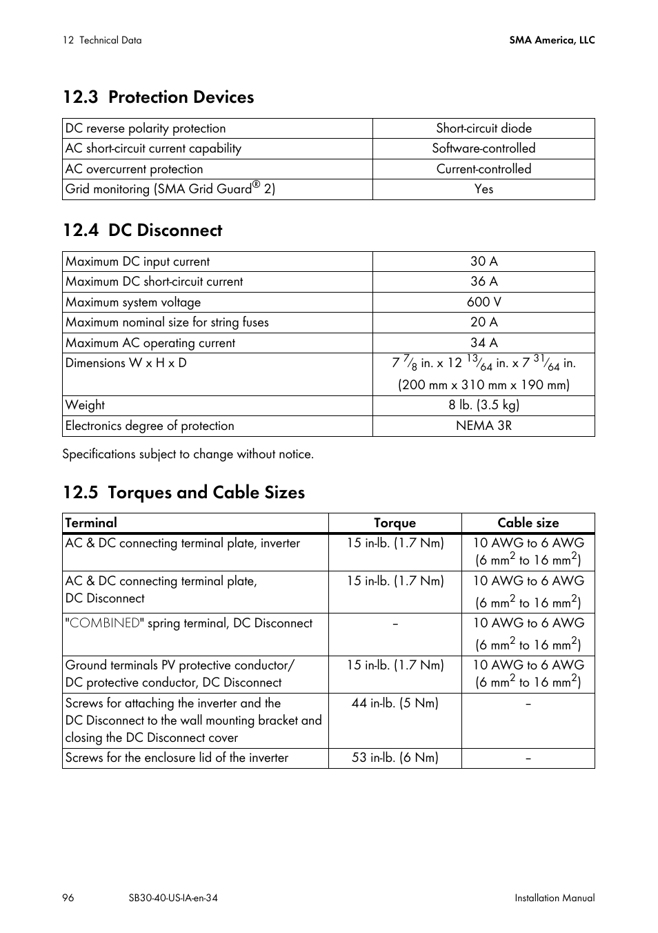 3 protection devices, 4 dc disconnect, 5 torques and cable sizes | Protection devices, Dc disconnect, Torques and cable sizes, 3 protection devices 12.4 dc disconnect | SMA SB 3000-US User Manual | Page 96 / 100