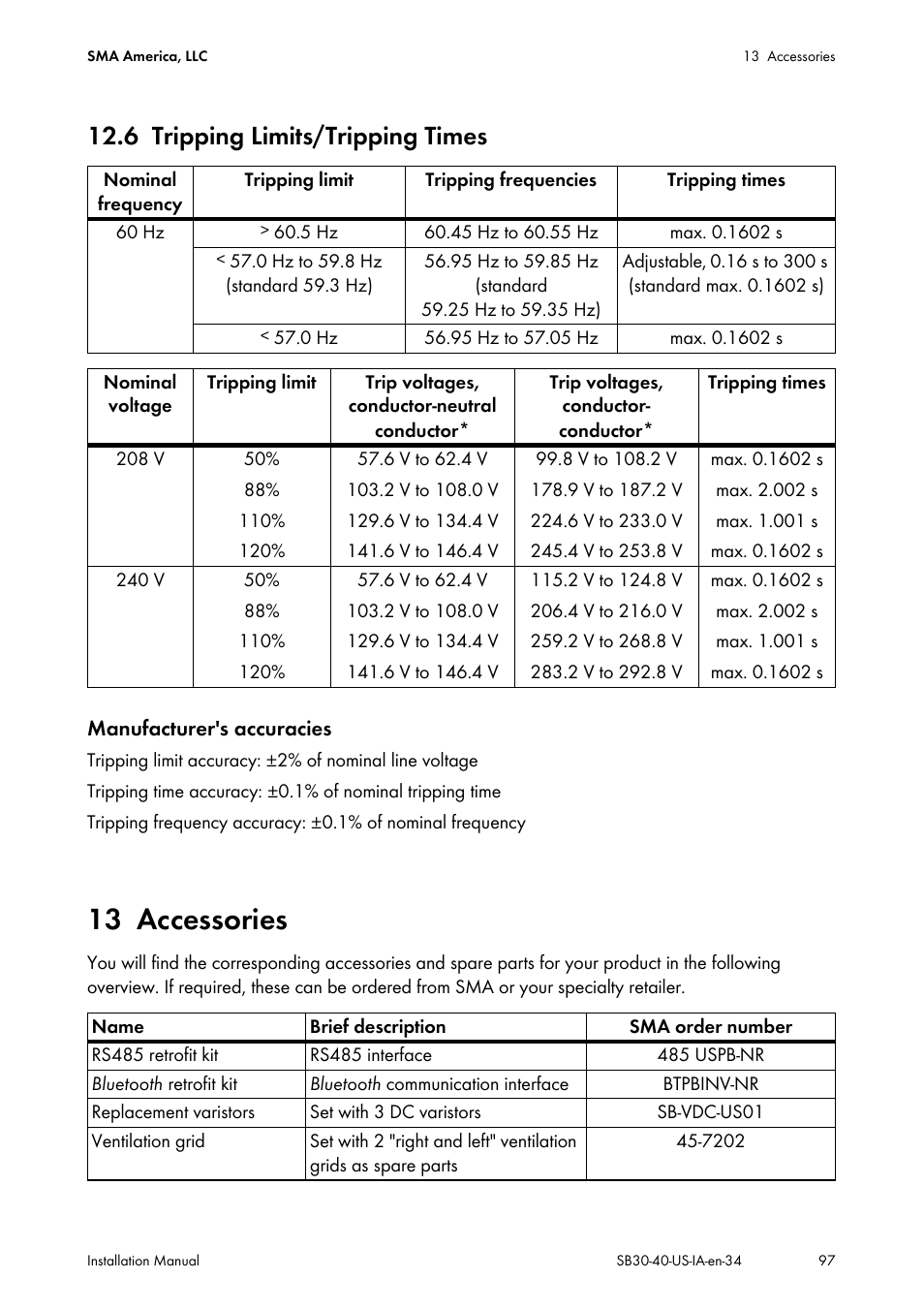 6 tripping limits/tripping times, 13 accessories, Tripping limits/tripping times | Accessories | SMA SB 3000-US User Manual | Page 97 / 100