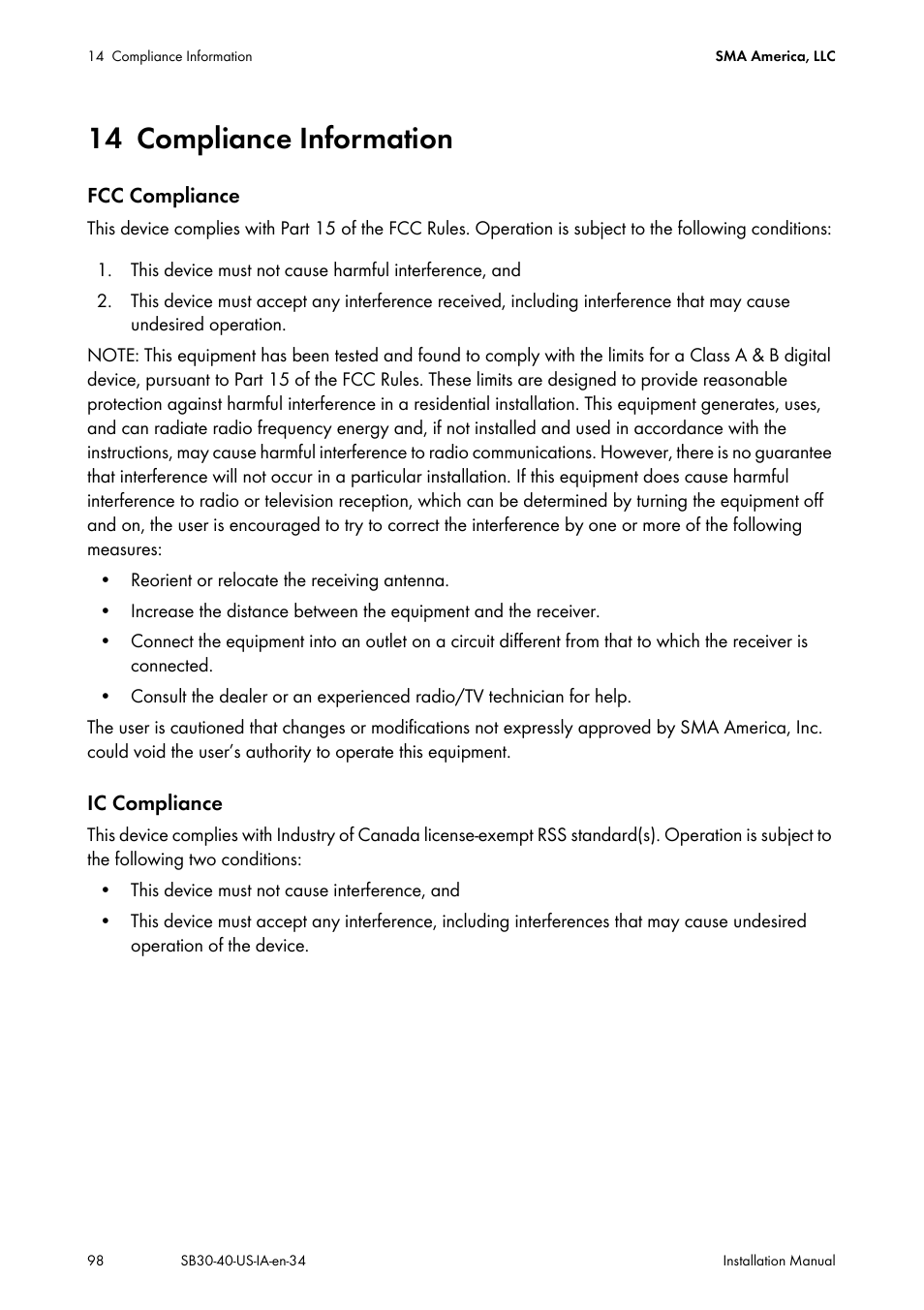 14 compliance information, Compliance information | SMA SB 3000-US User Manual | Page 98 / 100