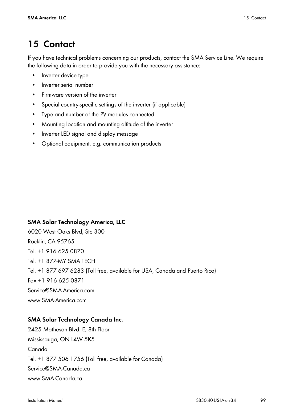 15 contact, Contact, N 15) | See section 15), Line (see section 15) | SMA SB 3000-US User Manual | Page 99 / 100