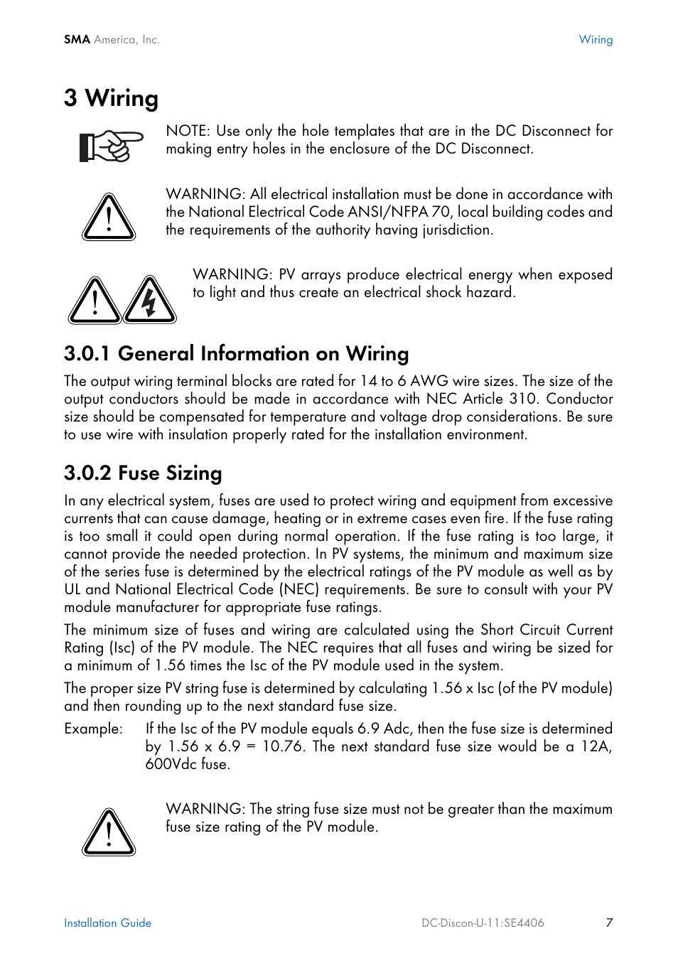 3 wiring, 1 general information on wiring, 2 fuse sizing | SMA DC Disconnect Switch For SB 3300-U User Manual | Page 13 / 32