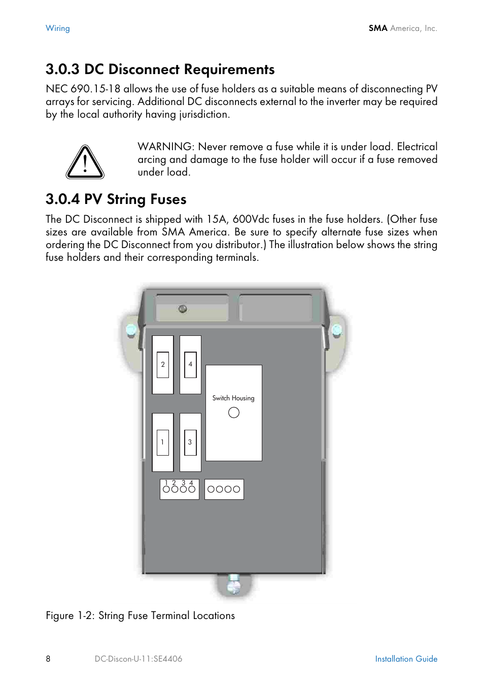 3 dc disconnect requirements, 4 pv string fuses | SMA DC Disconnect Switch For SB 3300-U User Manual | Page 14 / 32
