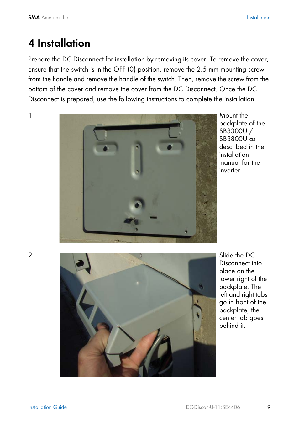 4 installation | SMA DC Disconnect Switch For SB 3300-U User Manual | Page 15 / 32