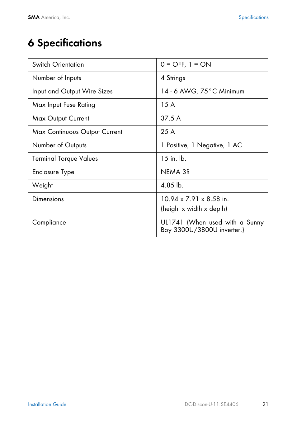 6 specifications | SMA DC Disconnect Switch For SB 3300-U User Manual | Page 27 / 32