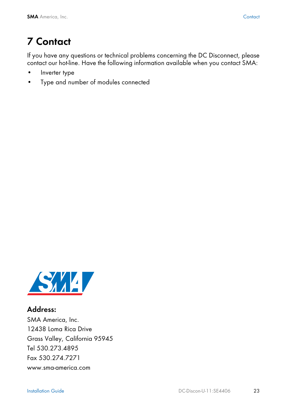 7 contact | SMA DC Disconnect Switch For SB 3300-U User Manual | Page 29 / 32