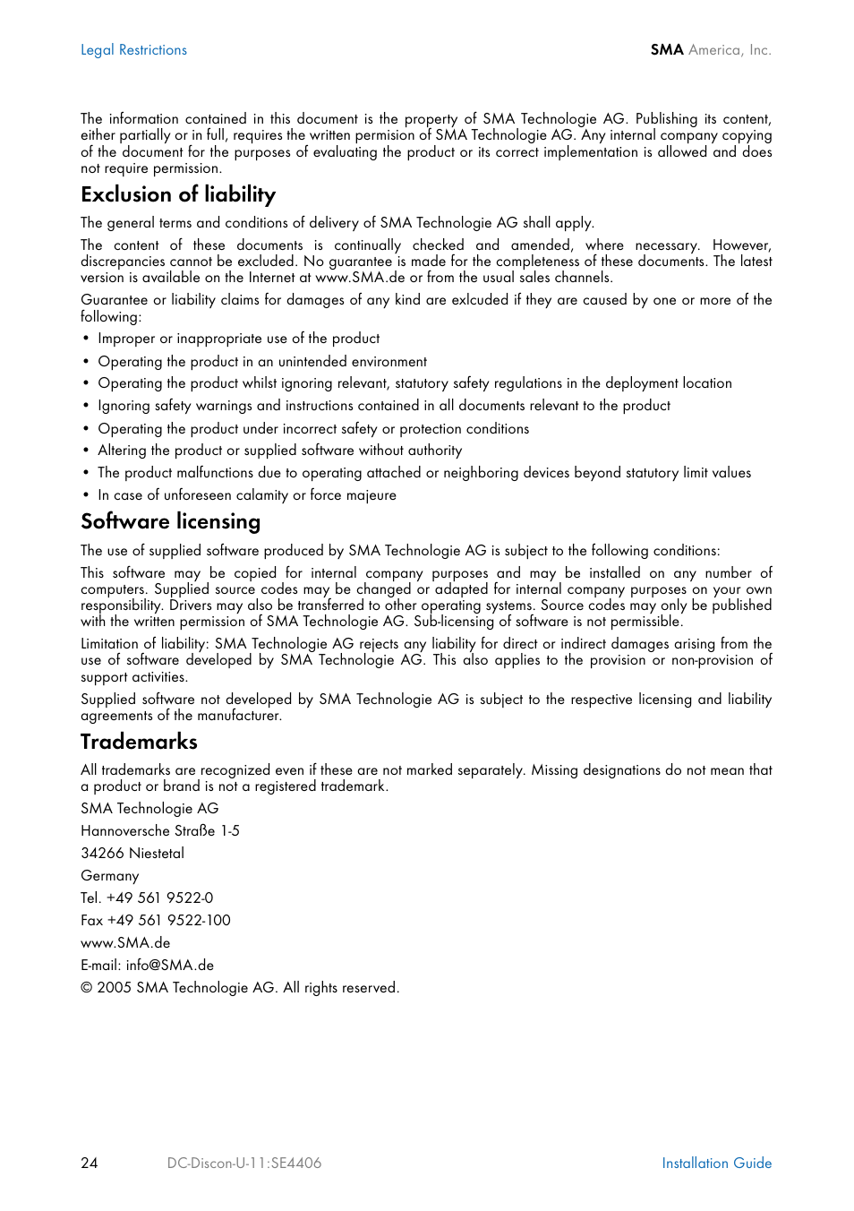 Exclusion of liability, Software licensing, Trademarks | SMA DC Disconnect Switch For SB 3300-U User Manual | Page 30 / 32