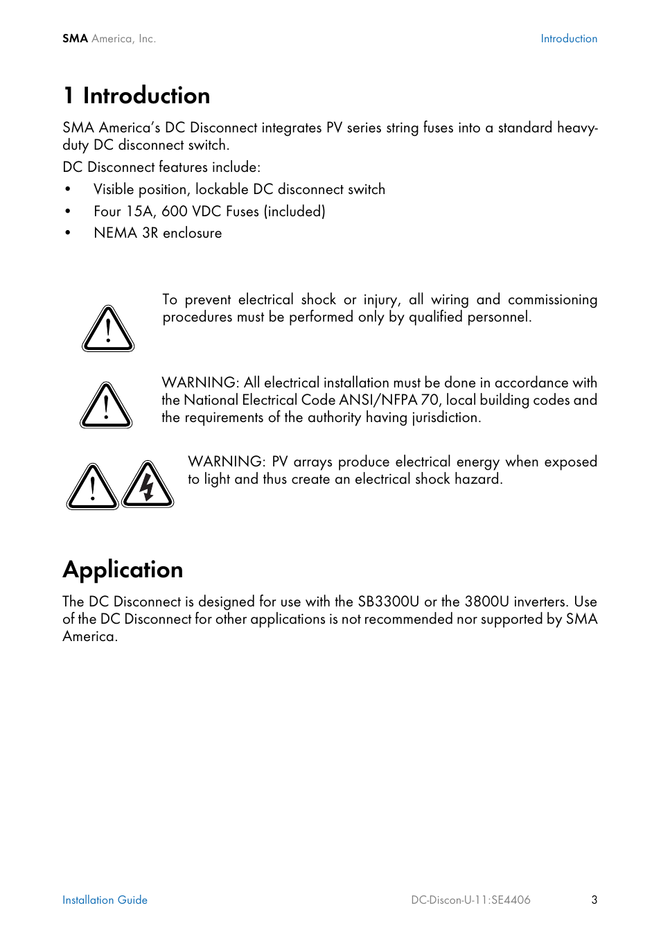 1 introduction, Application | SMA DC Disconnect Switch For SB 3300-U User Manual | Page 9 / 32