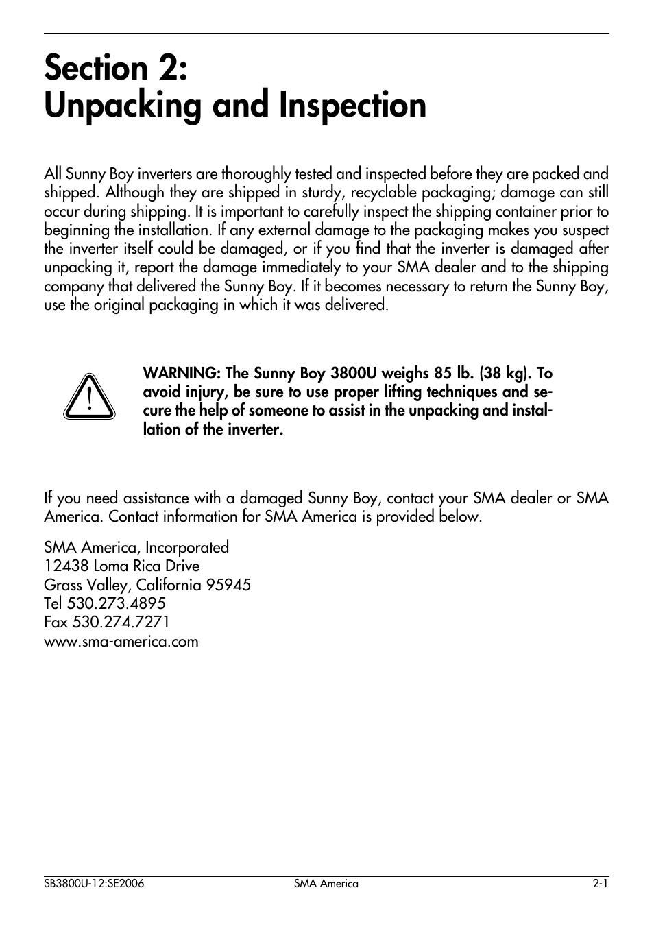 Section 2, Unpacking and inspection | SMA SB 3800-U User Manual | Page 13 / 86