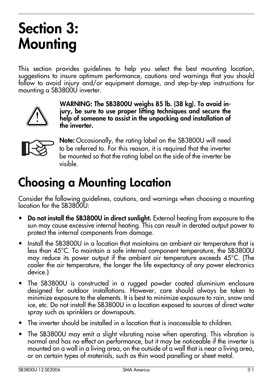 Section 3, Mounting, Choosing a mounting location -1 | Choosing a mounting location | SMA SB 3800-U User Manual | Page 15 / 86