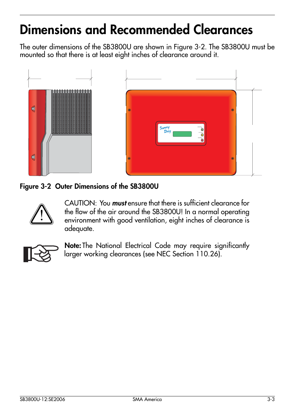 Dimensions and recommended clearances -3, Dimensions and recommended clearances | SMA SB 3800-U User Manual | Page 17 / 86