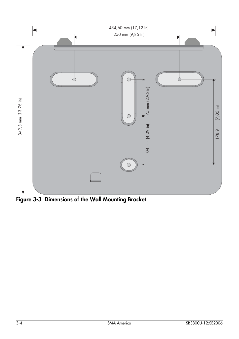 Figure 3-3 dimensions of the wall mounting bracket | SMA SB 3800-U User Manual | Page 18 / 86