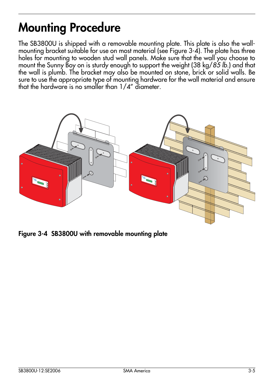 Mounting procedure -5, Mounting procedure, Stone wall mounting wood wall mounting | SMA SB 3800-U User Manual | Page 19 / 86