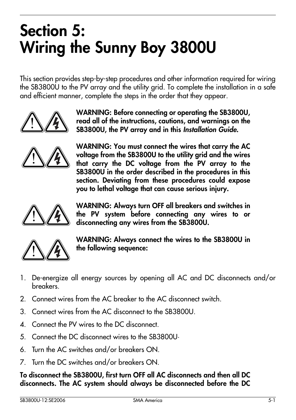 Section 5, Wiring the sunny boy 3800u | SMA SB 3800-U User Manual | Page 29 / 86
