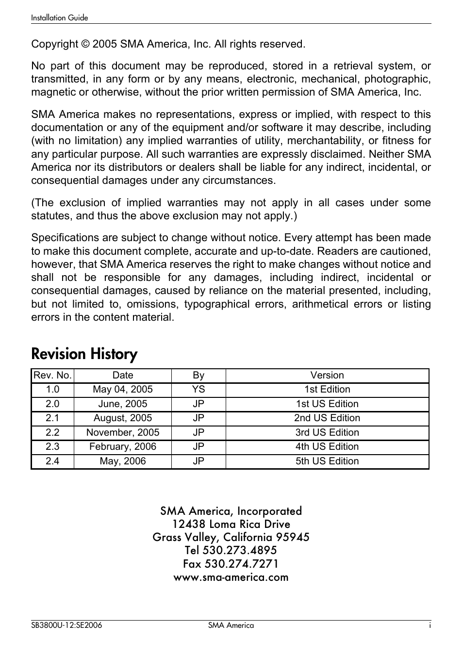 Revision history | SMA SB 3800-U User Manual | Page 3 / 86