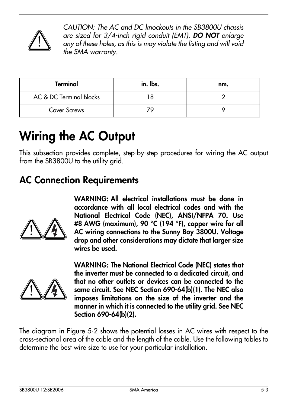 Wiring the ac output -3, Ac connection requirements -3, Wiring the ac output | Ac connection requirements | SMA SB 3800-U User Manual | Page 31 / 86