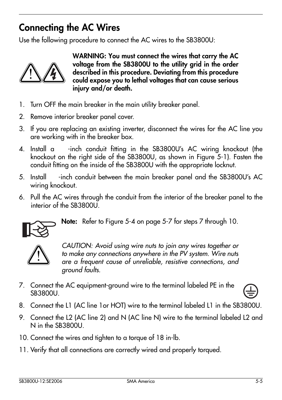 Connecting the ac wires -5, Connecting the ac wires | SMA SB 3800-U User Manual | Page 33 / 86