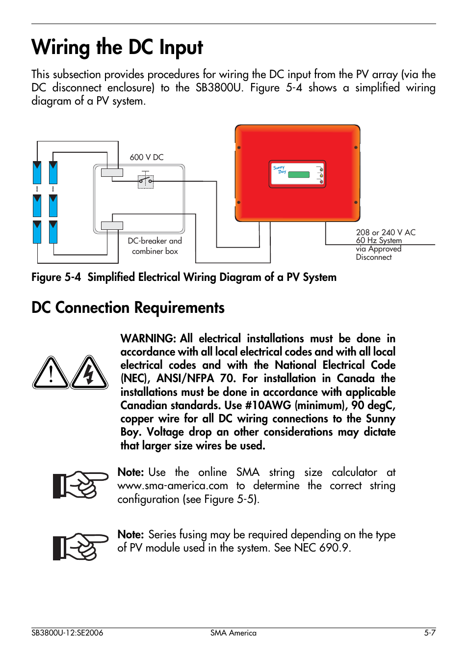 Wiring the dc input -7, Dc connection requirements -7, Wiring the dc input | Dc connection requirements | SMA SB 3800-U User Manual | Page 35 / 86