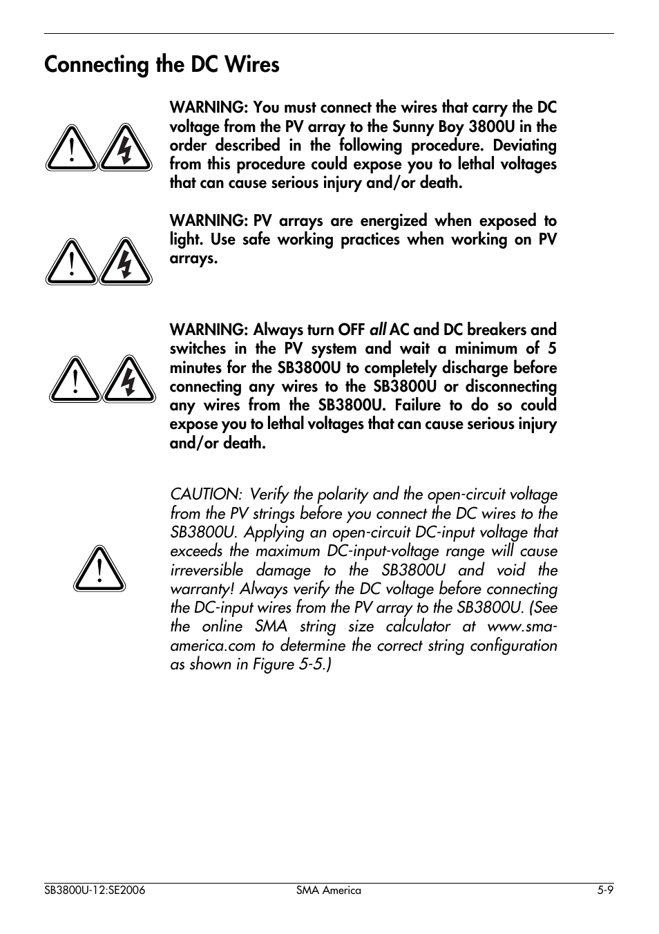 Connecting the dc wires -9, Connecting the dc wires | SMA SB 3800-U User Manual | Page 37 / 86