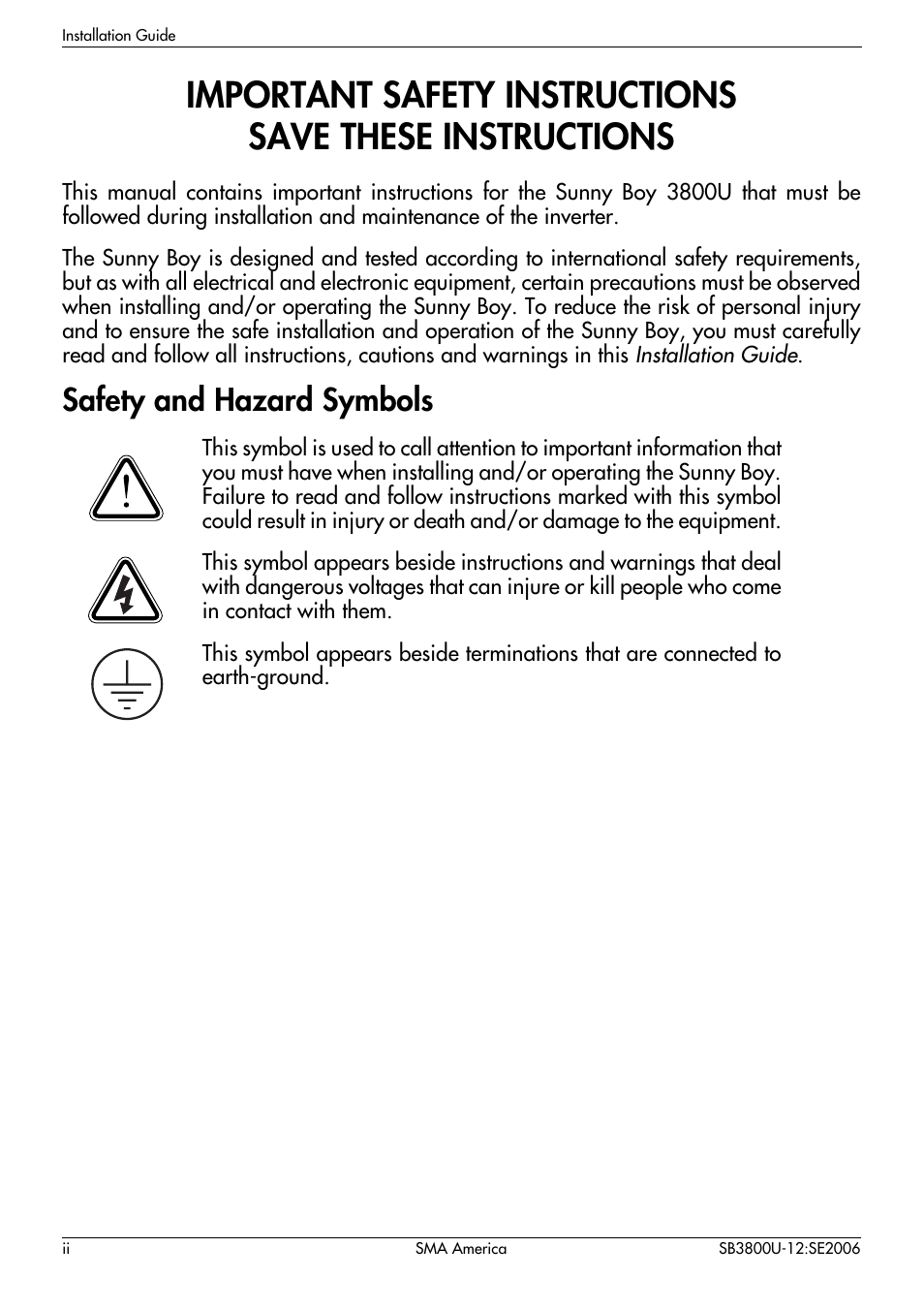 Safety and hazard symbols | SMA SB 3800-U User Manual | Page 4 / 86