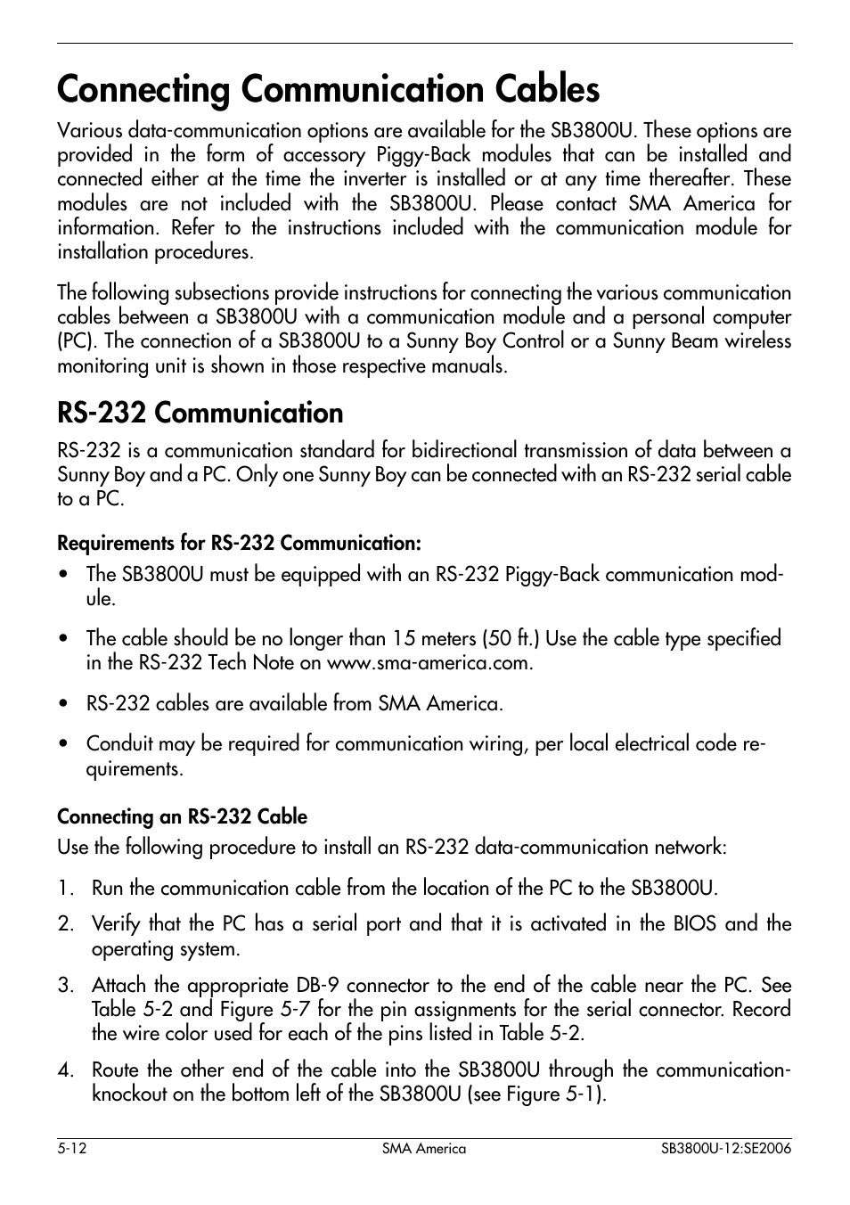 Connecting communication cables -12, Rs-232 communication -12, Connecting communication cables | Rs-232 communication | SMA SB 3800-U User Manual | Page 40 / 86