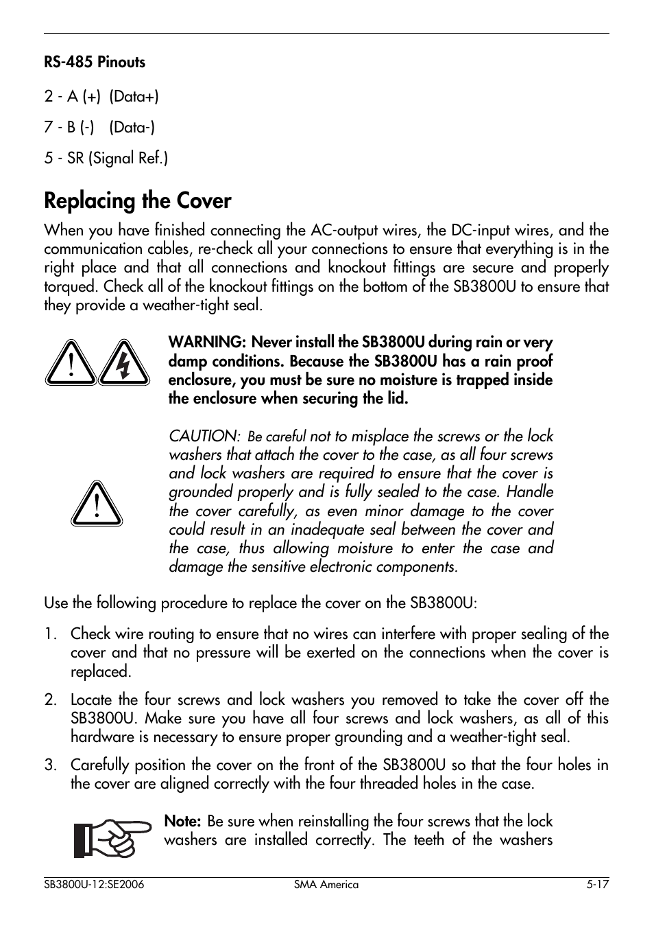 Replacing the cover -17, Replacing the cover | SMA SB 3800-U User Manual | Page 45 / 86